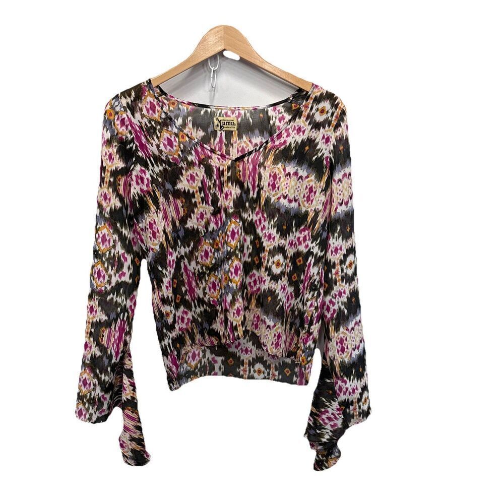 Show Me Your Mumu Chelsey Ikat Dye Sheer Bell Sleeve Blouse Top Small Boho Chic